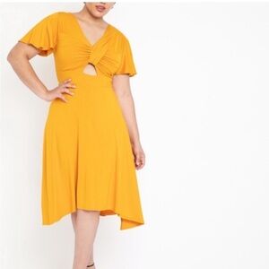 NWT Eloquii Size 28 Gold Flutter Sleeve Dress Cut Out Knot Front Short Sleeve